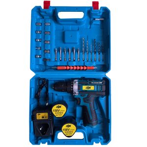 دریل پیچ گوشتی شارژی سه نظام 10 میلیمتری 158 ولت جاب مدل jb 158 new power مجموعه 42 عددی