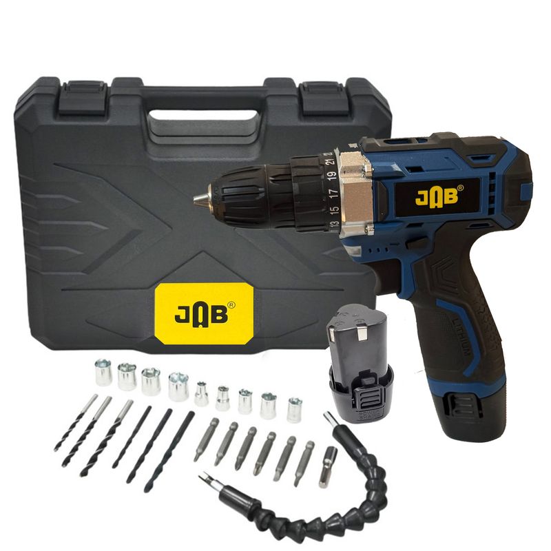 دریل پیچ گوشتی شارژی سه نظام 10 میلیمتری 118 ولت جاب مدل jb 118 industrial edition مجموعه 40 عددی
