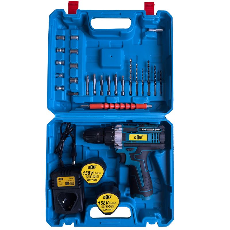 دریل پیچ گوشتی شارژی سه نظام 10 میلیمتری 158 ولت جاب مدل jb 158 new power مجموعه 42 عددی