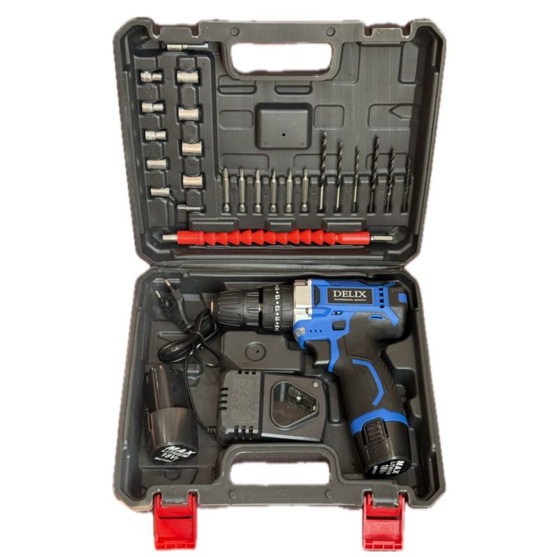 دریل پیچ گوشتی شارژی چکشی دلیکس مدل chk18v مجموعه 45 عددی