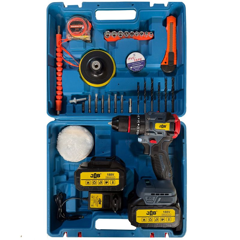 دریل پیچ گوشتی شارژی چکشی سه نظام 10 میلیمتر 188 ولت جاب مدل jb  188 pro jab new مجموعه 45 عددی