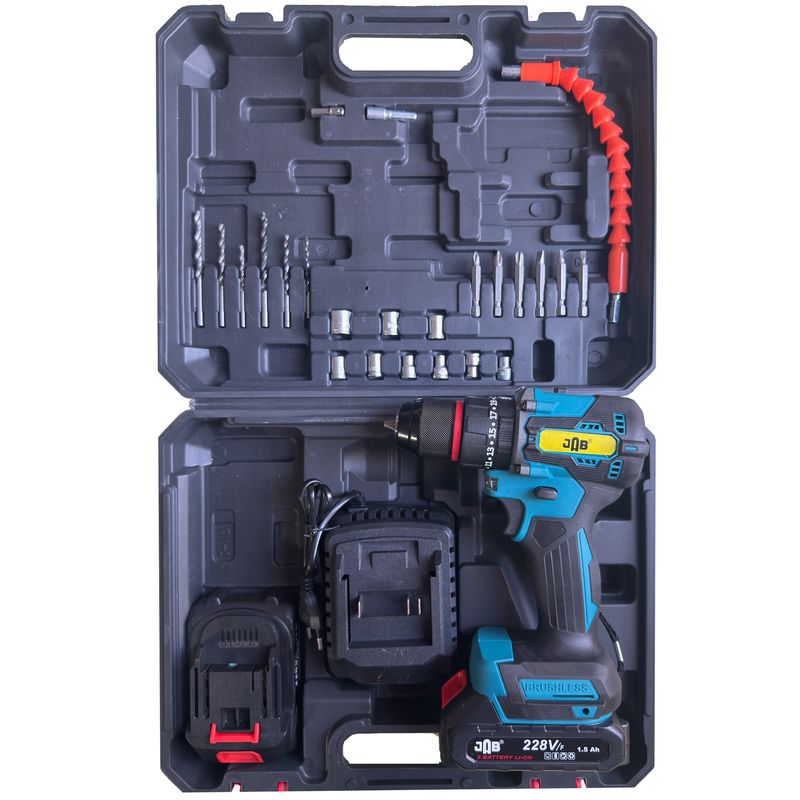 دریل پیچ گوشتی چکشی شارژی براشلس 10 میلی متری 228 ولت جاب مدل jb 228 fx max مجموعه 45 عددی