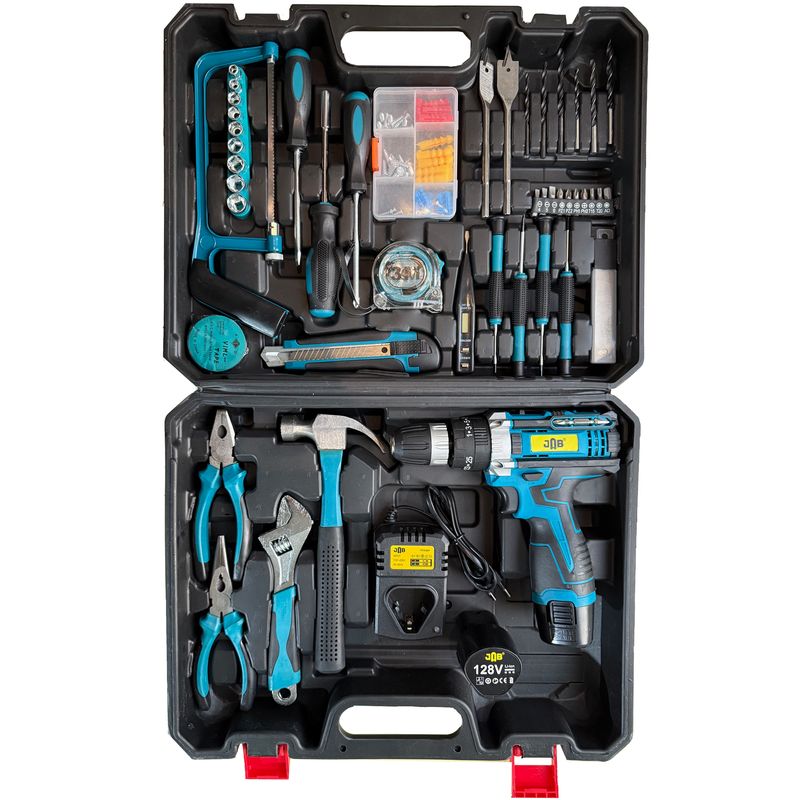 دریل پیچ گوشتی چکشی شارژی سه نظام 10 میلیمتر 128 ولت جاب مدل jb 128 power full kit مجموعه 202 عددی