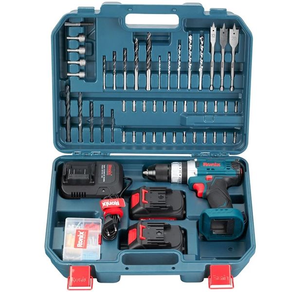 دریل چکشی سه نظام 13 میلیمتری مقاوم 20 ولت رونیکس کد rs 8619 مجموعه 53 عددی