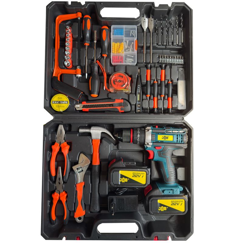 ریل پیچ گوشتی چکشی شارژی 10 میلی متری 212 ولت جاب مدل jb 212 accessories مجموعه 199 عددی
