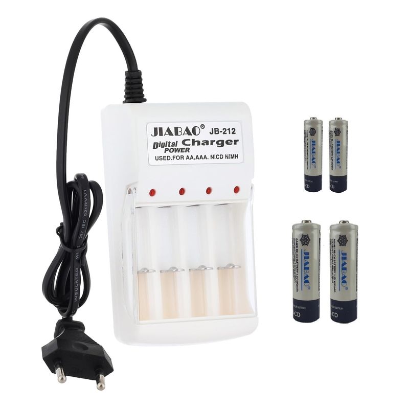 شارژر باتری جیابائو مدل jb 212 به همراه 4 باتری شارژی قلمی و نیمه قلمی