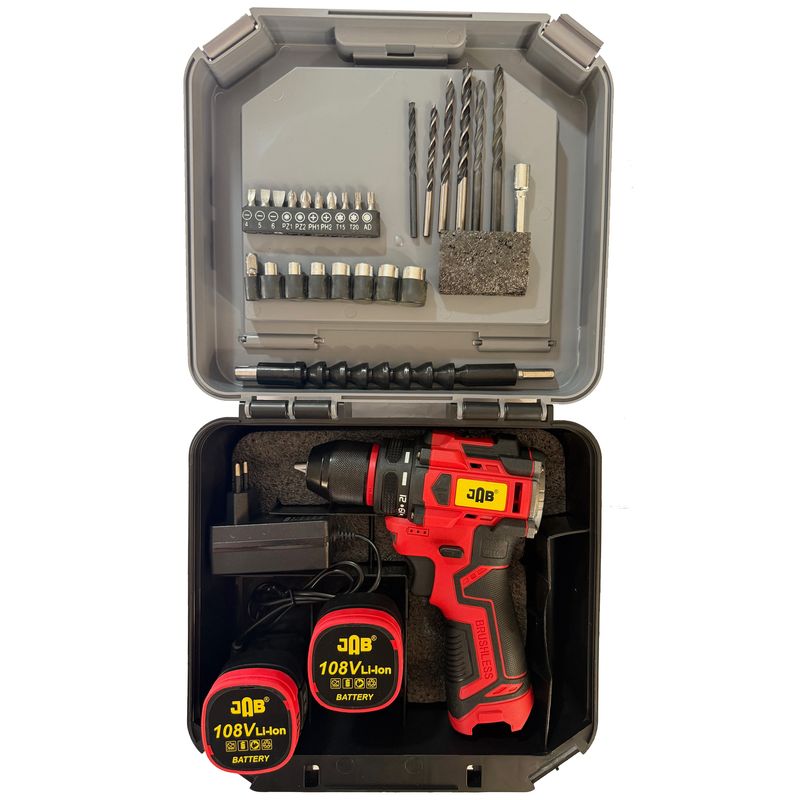 پیچ گوشتی شارژی سه نظام فلزی ۱۰ میلیمتری 108 ولت جاب مدل jb 108 eco plus مجموعه 40 عددی