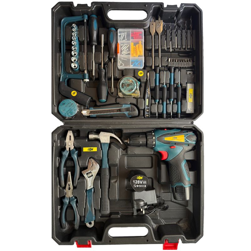 پیچ گوشتی چکشی شارژی سه نظام 10 میلیمتر 128 ولت جاب مدل jb 128 netlix مجموعه 205 عددی