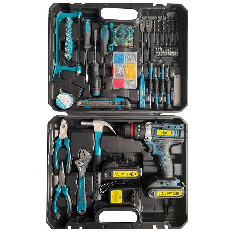 پیچ گوشتی چکشی شارژی سه نظام فلزی 10 میلیمتر 218 ولت جاب مدل jb 218 power full kit مجموعه 195 عددی