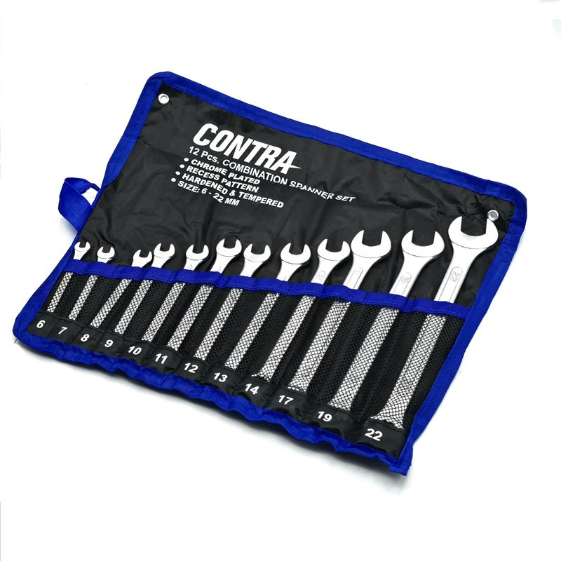 کیف آچار یکسر تخت و یکسر رینگی کنترا مدل کیف دار کد chrome plated 12pcs سایز 6 الی 22 میلی متر مجموعه 12 عددی